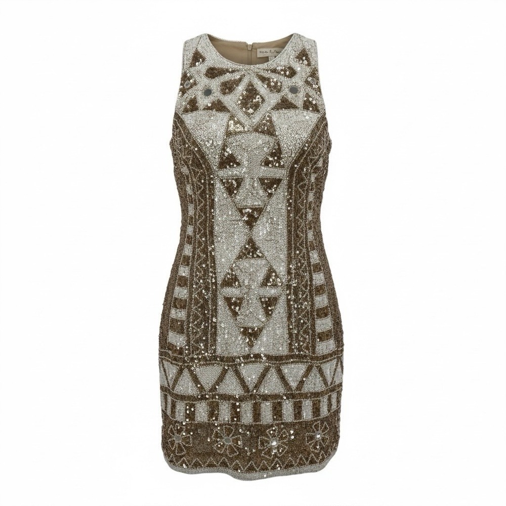 Needle & Thread Sunstone Mini Dress Gold White‎ Size 4 Hand Embellished